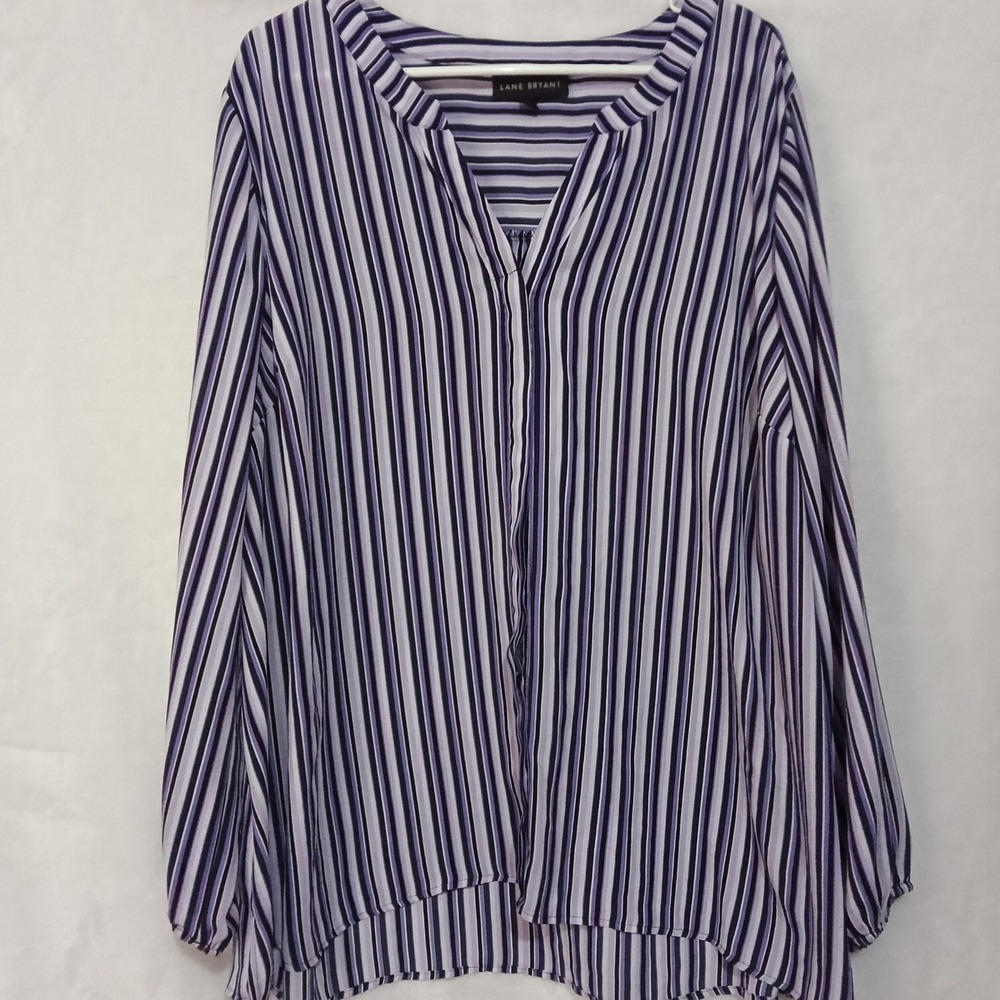 Lane Bryant Purple Striped V-Neck Blouse Size 22 Long Sleeve Top